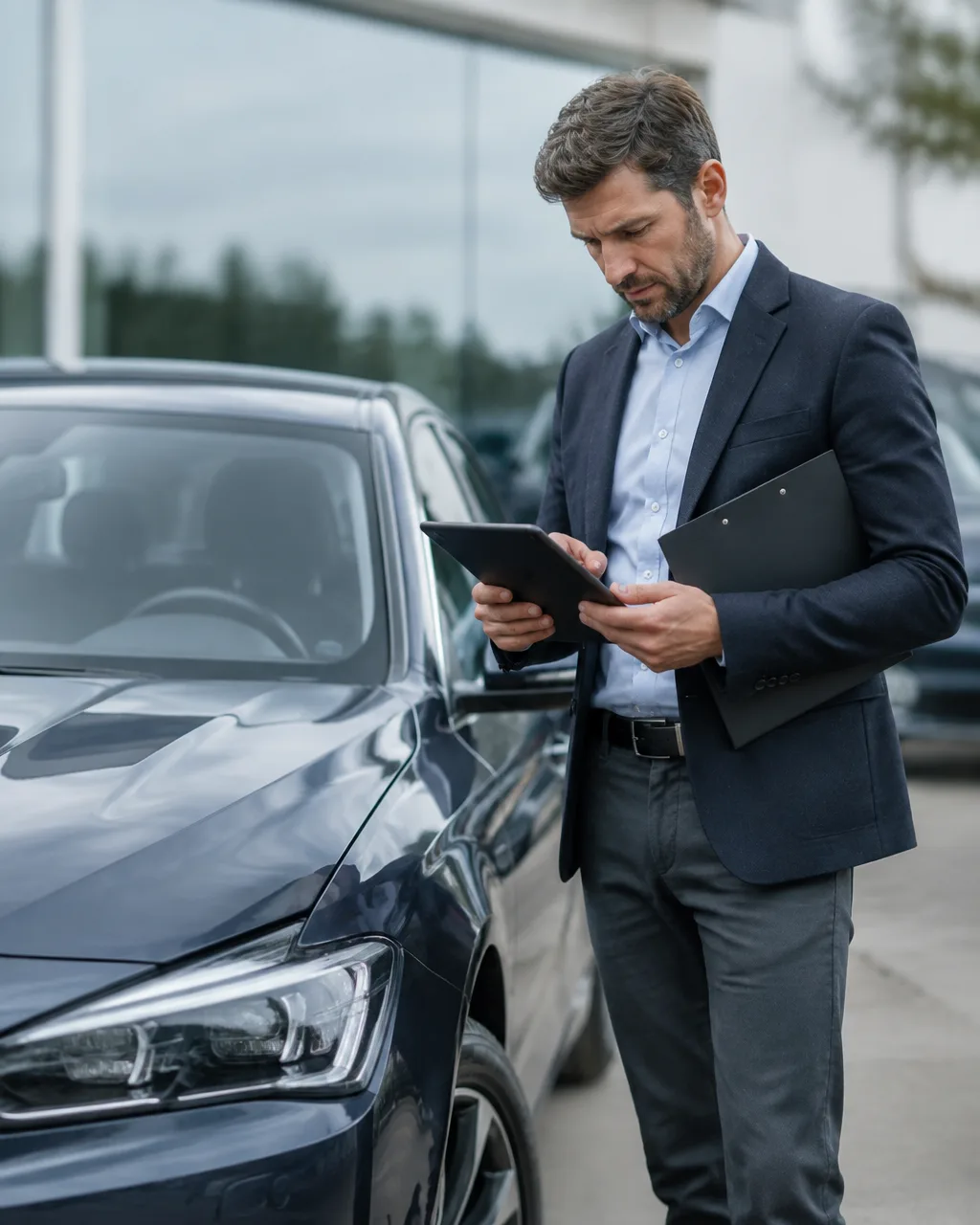 Fahrzeugbewertung: KFZ-Sachverständiger ermittelt den Wert eines Fahrzeugs mit Tablet