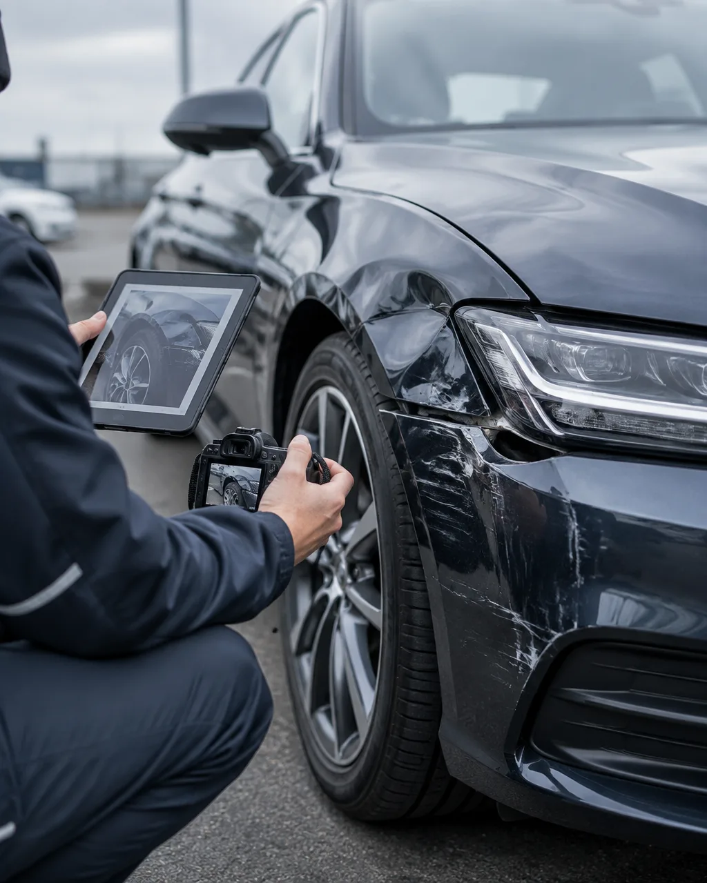 Unfallgutachten: KFZ-Sachverständiger dokumentiert den Fahrzeugschaden an einem beschädigten Fahrzeug